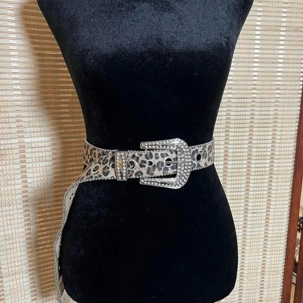 Leopard Print Rhinestone Western Belt Faux Leather M/L